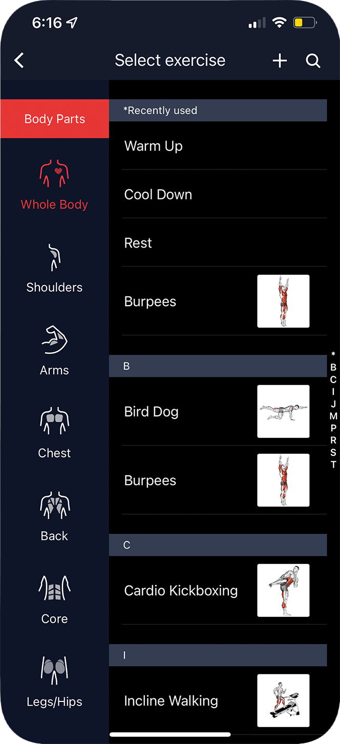 A screenshot of the exercise selection page for the strength workout builder on the COROS app. 