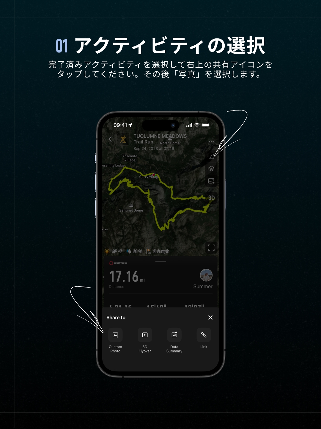 アクティビティ選択と共有メニューからCustom Photoを選ぶ手順を矢印で示したスマートフォン画面。