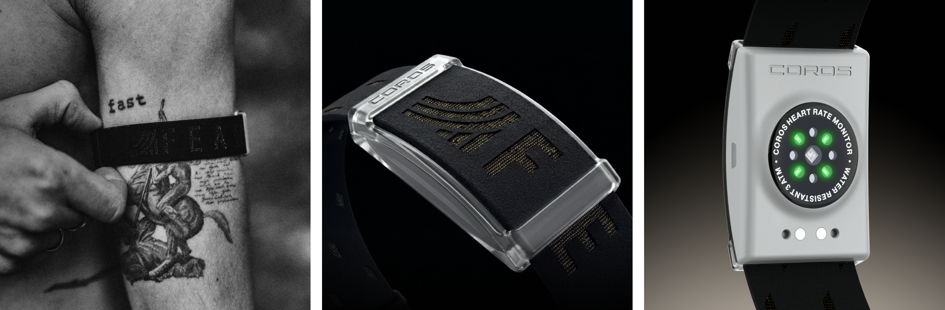 Triptych showing a FEARLESS chest strap, a COROS sensor close-up, and the back of a white COROS watch.