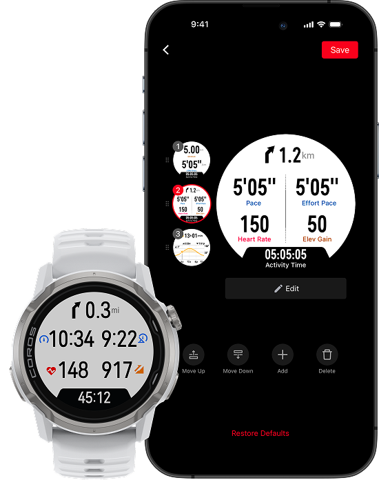 COROS watch and phone app displaying customizable running data fields.