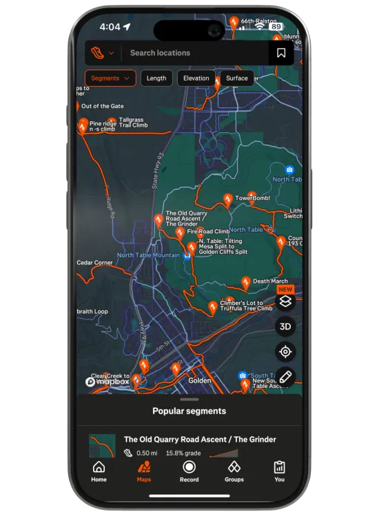 Schermata di smartphone con mappa e segmento The Old Quarry Road Ascent.
