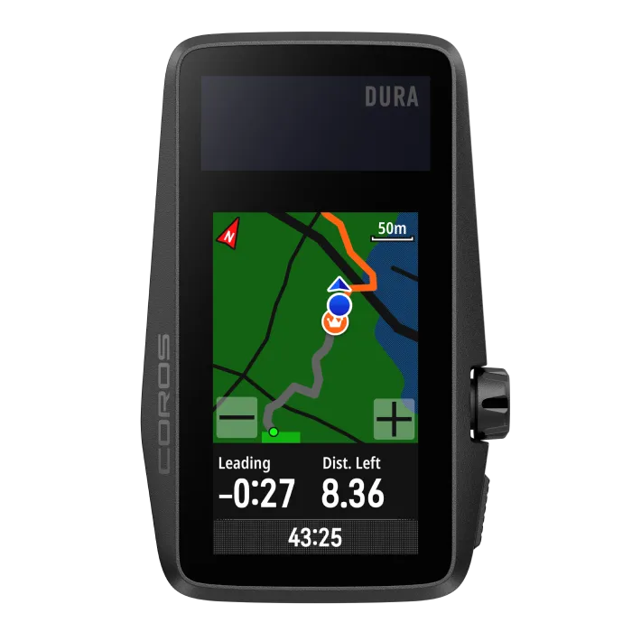Dispositivo COROS DURA che mostra la mappa e i dati del segmento Strava Live.