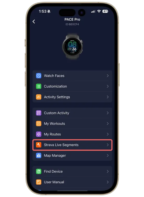 Menu dell'app COROS con l'opzione Strava Live Segments evidenziata.