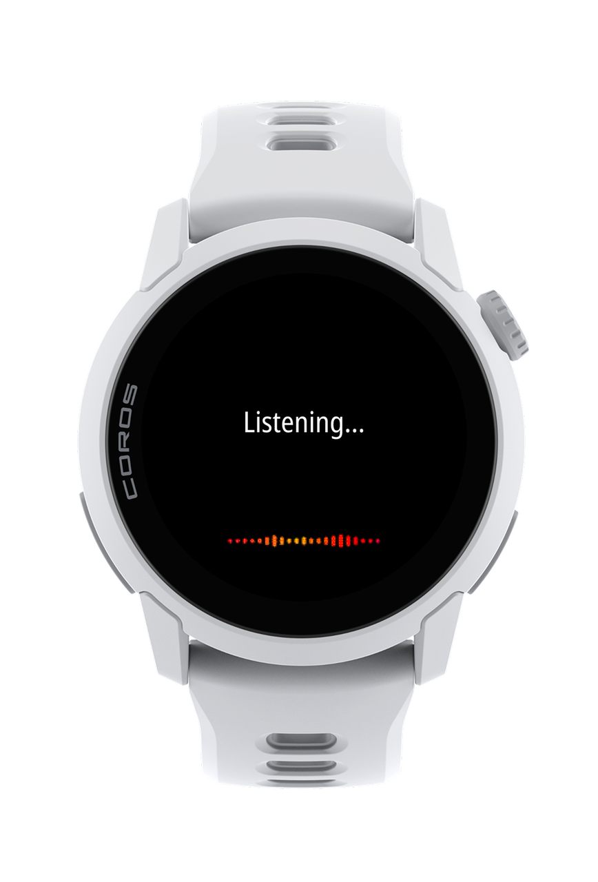 「Listening...」と音声波形が表示されたCOROSスマートウォッチ。