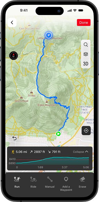 COROSアプリに表示されたトレイルルート地図と標高プロファイル
