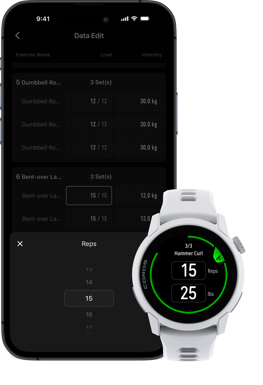 Smartphone displaying workout data editing and a smartwatch showing Hammer Curl stats.