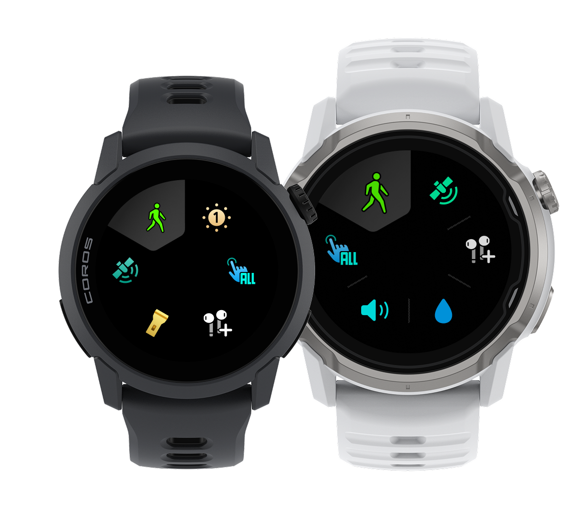 黒と白のCOROSスマートウォッチ2台、機能メニューを表示