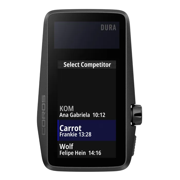 Schermo del dispositivo COROS DURA che mostra il menu Select Competitor.