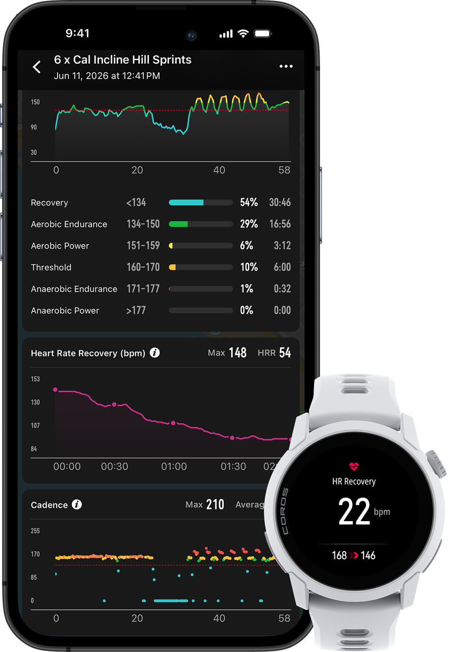 Smartphone displaying workout metrics and smartwatch showing heart rate recovery data.