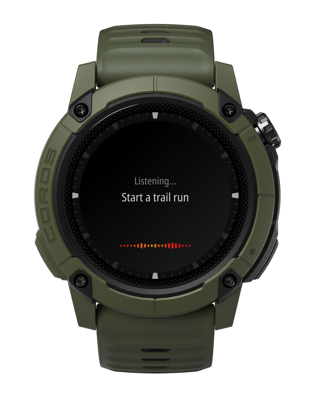 画面に「Listening... Start a trail run」と表示された緑色のCOROSウォッチ。